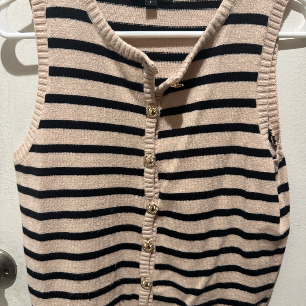 Striped Sleeveless Cardigan with Gold Buttons